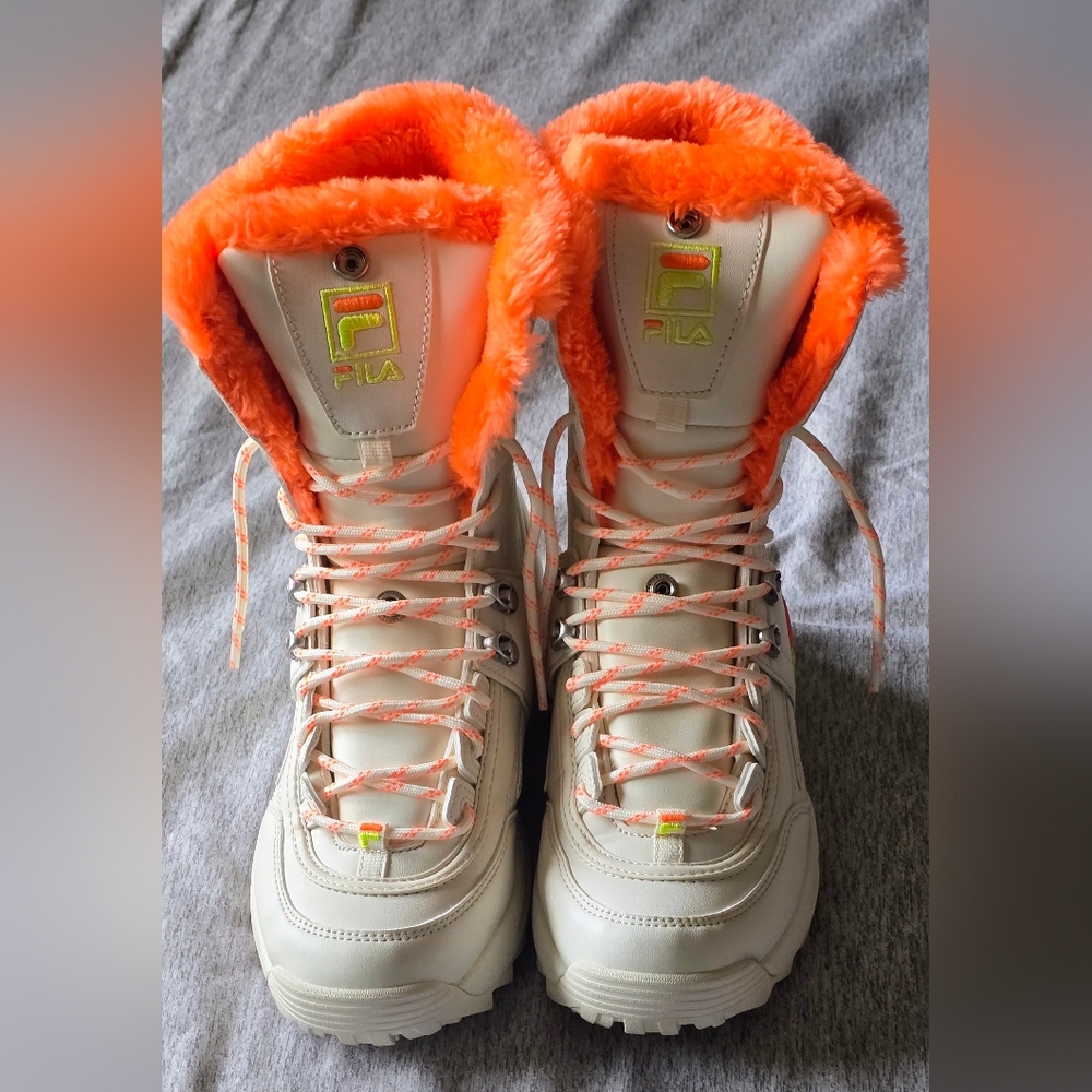 Fila Women's Lace Up Boots - White and Neon Orange